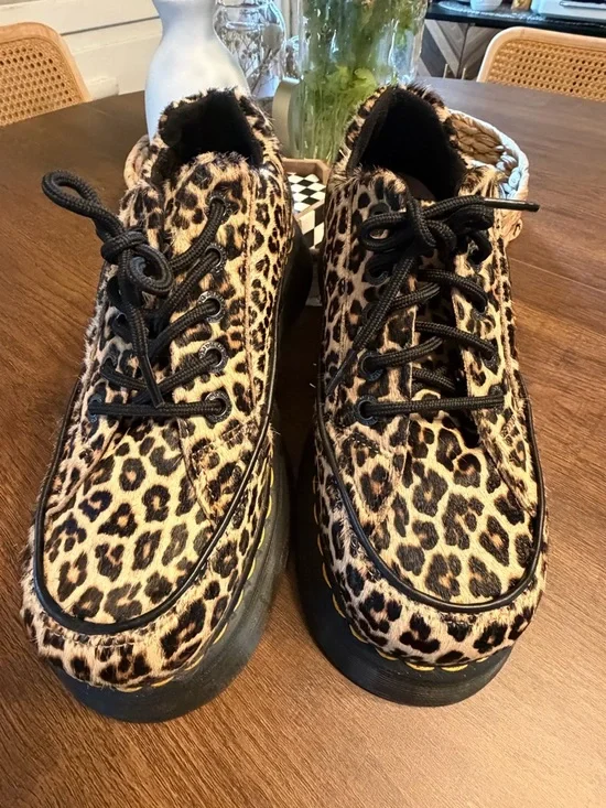Dr. Martens fuzzy Leopard Print Platform Derby Shoes in Tan/Black - Picture 2 of 7